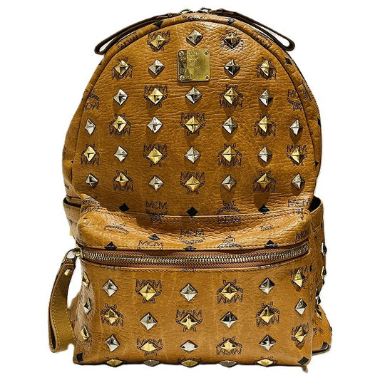 MCM Logo Studded Leather Backpack Camel