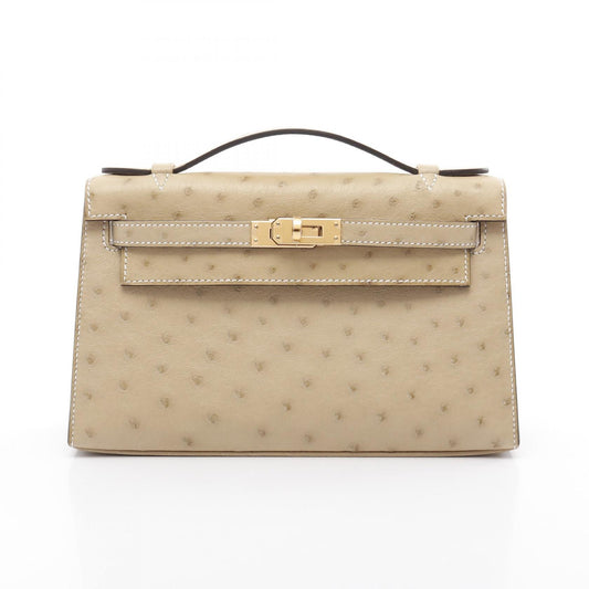 Hermes Ostrich Pochette Kelly Mini Handbag Beige
