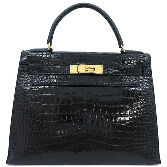 Hermes Kelly 28 Crocodile 2-Way Bag Black