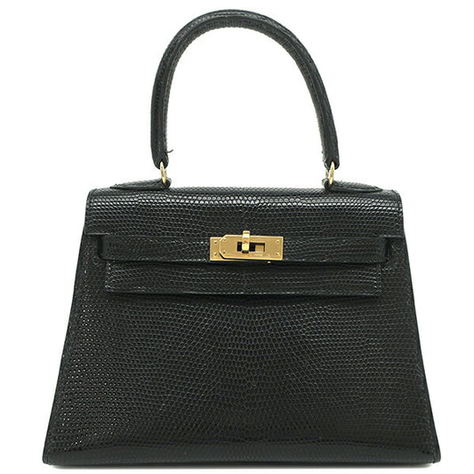 Hermes Kelly 20 Lizard Handbag Black