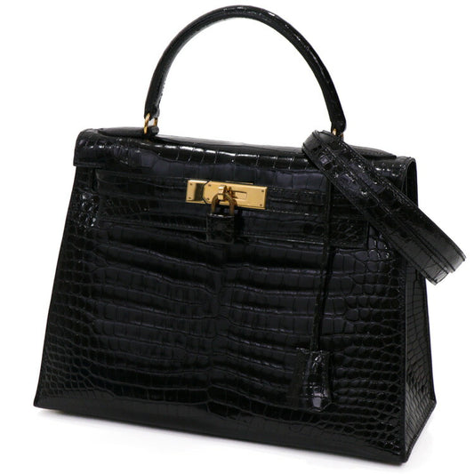 Hermes Kelly 28 Crocodile Handbag Black