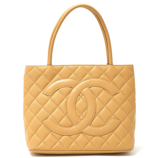 Chanel Caviar Skin Tote Handbag Beige Gold