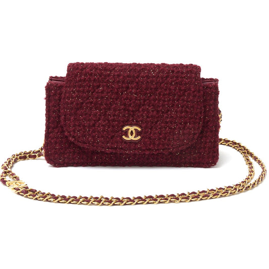 Chanel Tweed Lambskin Chain Shoulder Bag Red Gold