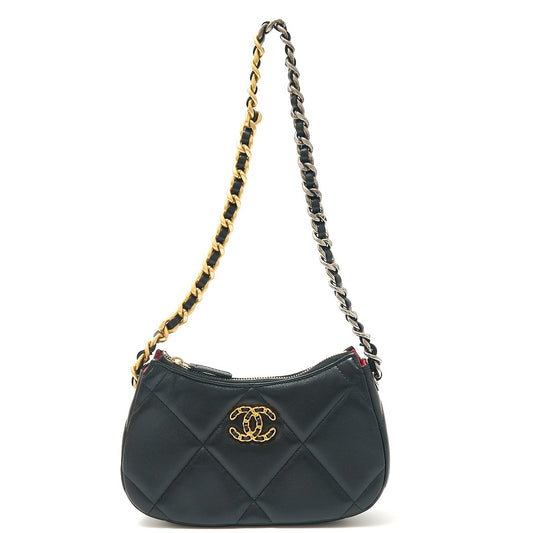 Chanel 19 Shiny Lambskin Chain Clutch Black Gold