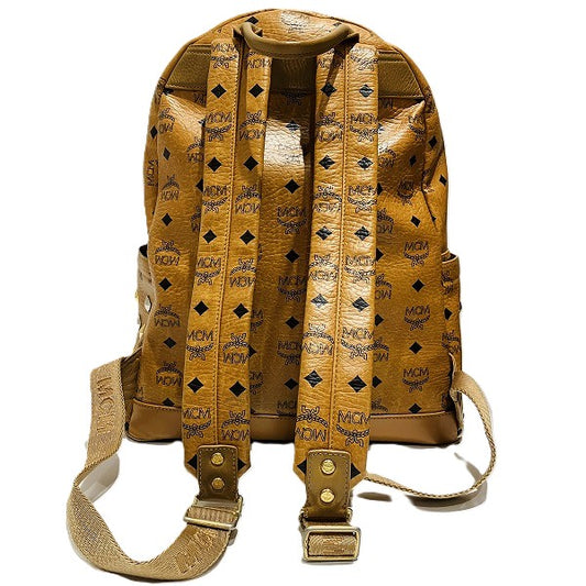 MCM Logo Studded Leather Backpack Camel