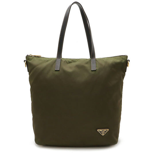 Prada Nylon Leather Triangle Logo Tote Bag