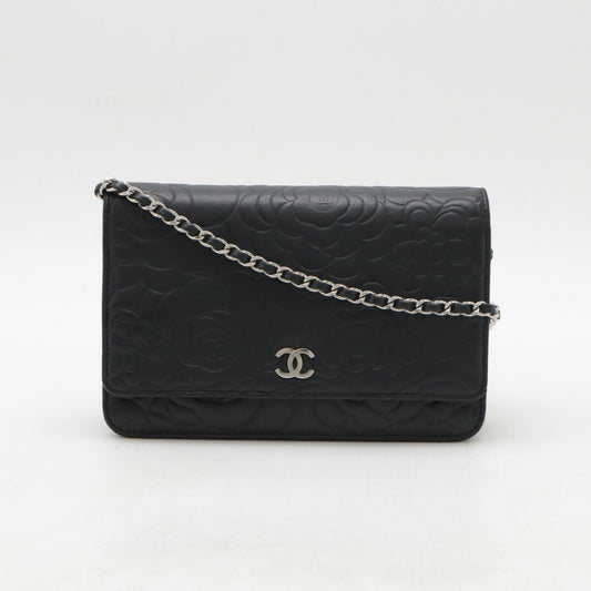 Chanel Camellia Chain Wallet Shoulder Bag Black