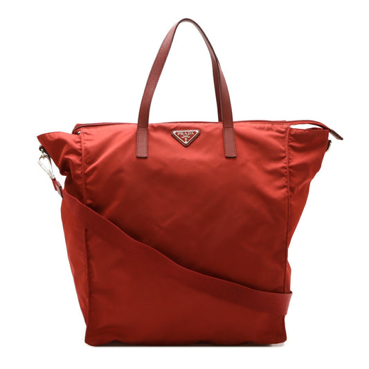 Prada Triangle Logo Nylon Leather Tote Bag