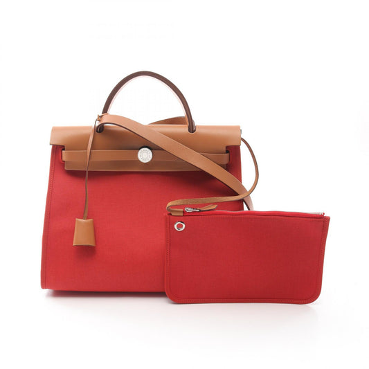 Hermes Canvas Leather Handbag Red Brown