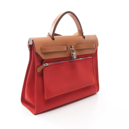 Hermes Canvas Leather Handbag Red Brown