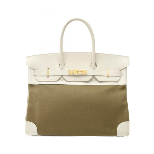 Hermes Birkin 35 Leather Handbag Khaki/White