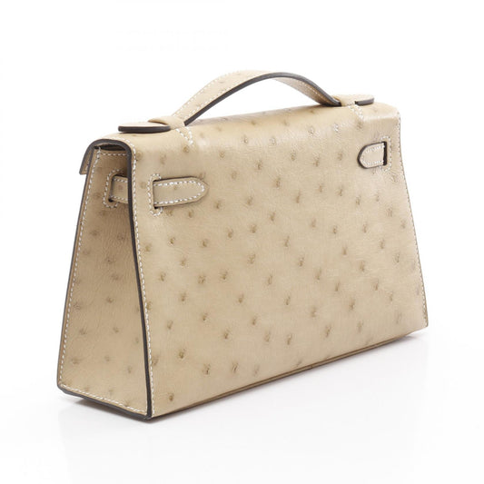 Hermes Ostrich Pochette Kelly Mini Handbag Beige