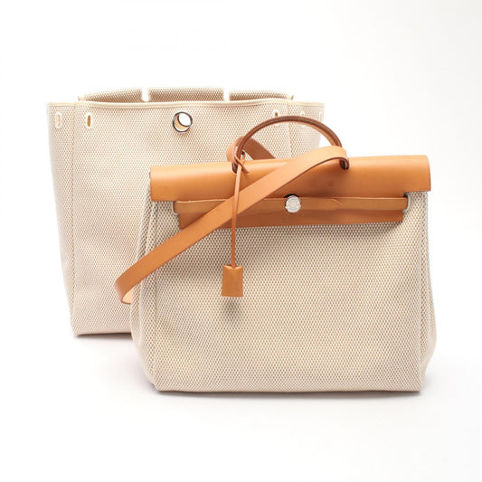 Hermes Canvas Handbag MM Beige/Brown