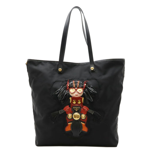 Prada Nylon Leather Robot Logo Tote Bag