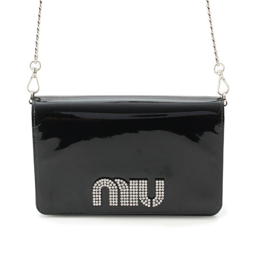 Miu Miu Patent Rhinestone Logo Chain Crossbody Bag