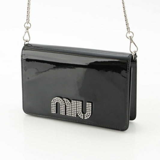 Miu Miu Patent Rhinestone Logo Chain Crossbody Bag