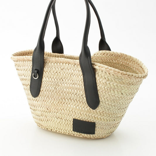 J&M Davidson Raffia Leather Tote Bag Beige Black