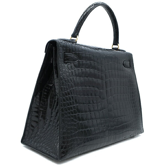Hermes Kelly 28 Crocodile 2-Way Bag Black