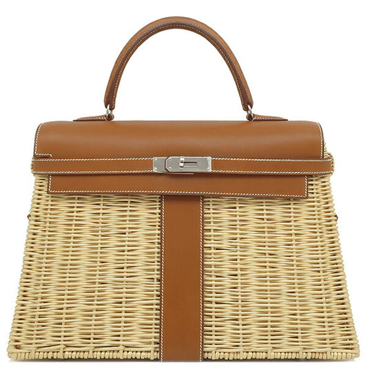 Hermes Kelly 35 Picnic Handbag Rattan Vauvalenia