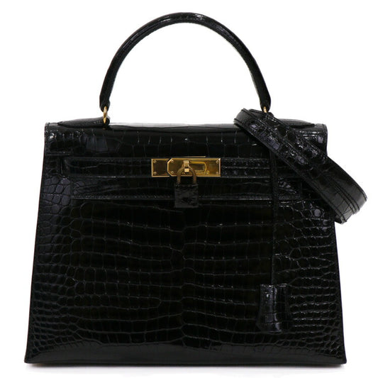 Hermes Kelly 28 Crocodile Handbag Black
