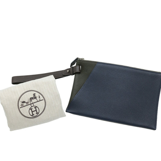 Hermes Togo Leather Clutch Bag Navy Khaki Brown