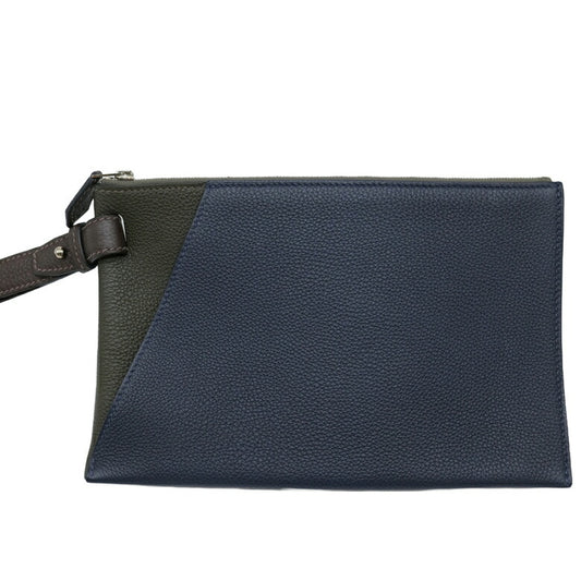 Hermes Togo Leather Clutch Bag Navy Khaki Brown