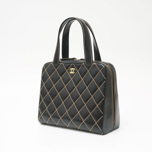 Chanel Wild Stitch Leather Handbag Black Gold