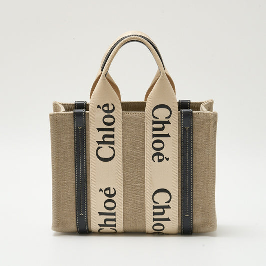 Chloe Woody Small Tote Bag Linen Canvas Calfskin