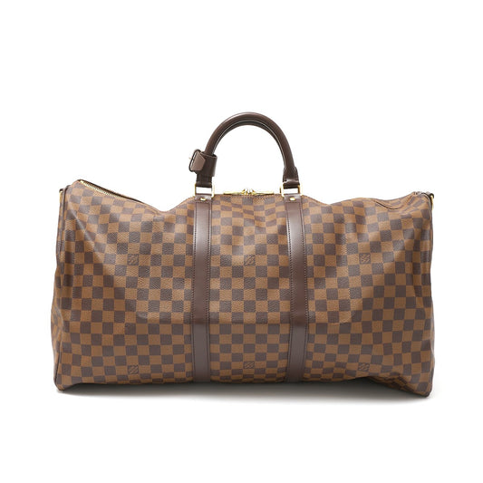 Louis Vuitton Damier Ebene Canvas Leather Keepall Bandouliere 55 Travel Bag
