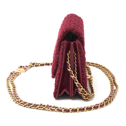 Chanel Tweed Lambskin Chain Shoulder Bag Red Gold