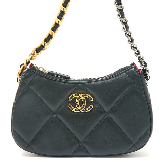 Chanel 19 Shiny Lambskin Chain Clutch Black Gold
