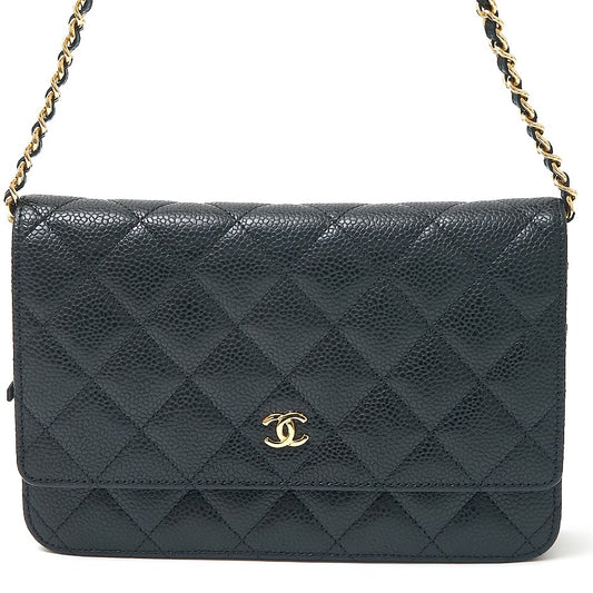 Chanel Caviar Chain Wallet Black Gold