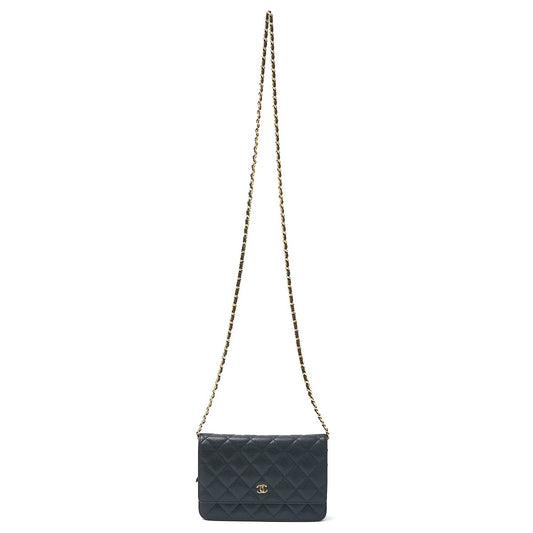 Chanel Caviar Chain Wallet Black Gold