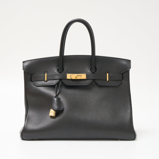 Hermes Birkin 35 Leather Handbag Black Gold Hardware