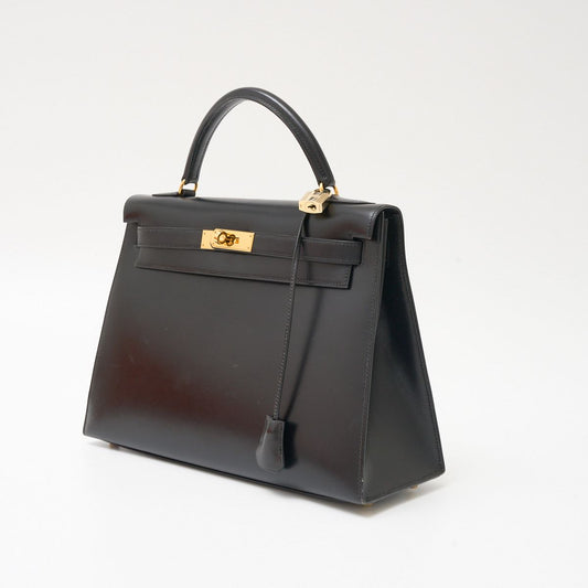 Hermes Kelly 32 Handbag Black Gold Hardware