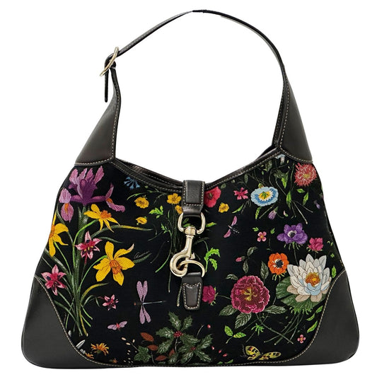 Gucci Flora Canvas Shoulder Bag Black