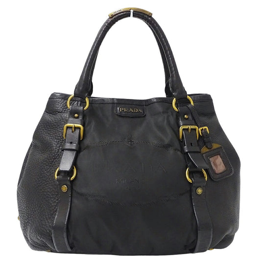 Prada Leather Nylon Tote Handbag Black
